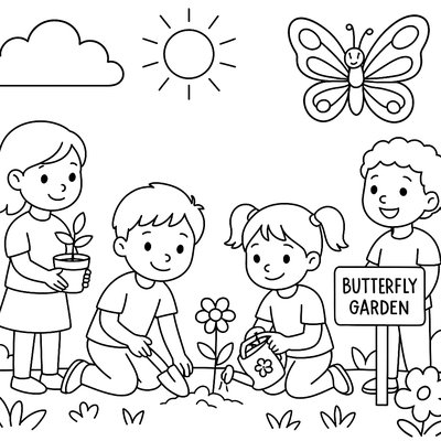 Children Creating A School Butterfly Garden