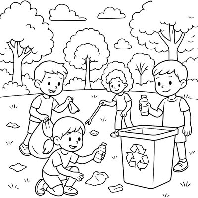 Children Picking Up Litter In A Park With Recycling Bins