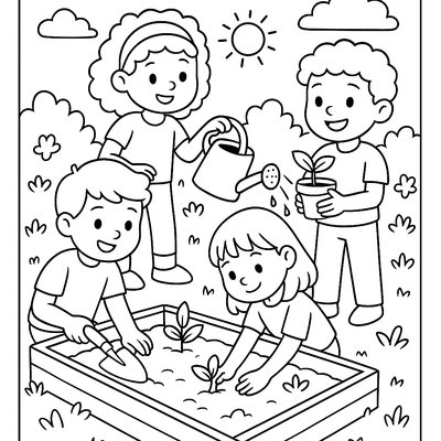Children Working Together To Plant A Community Garden