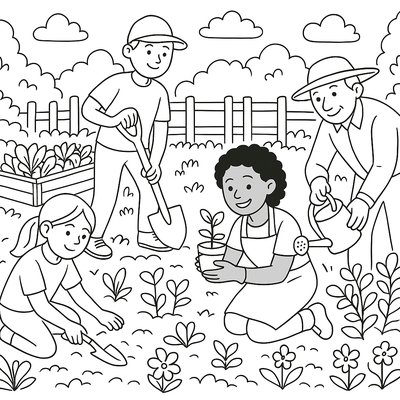 Community Garden Project With Diverse Volunteers Planting