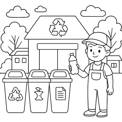 Recycling Center With Different Bins And Waste Sorting