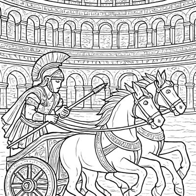 A Roman Colosseum Scene With Arches, Columns, And A Chariot In The Arena