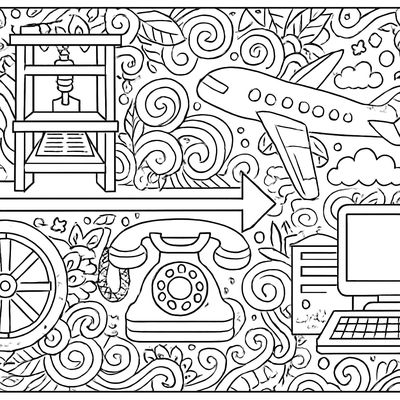 A Timeline Showing Major Inventions: Wheel, Printing Press, Telephone, Airplane, Computer