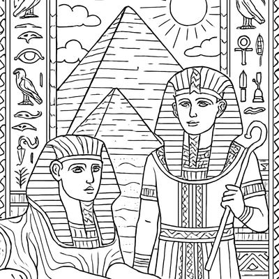 An Ancient Egyptian Pyramid Scene With A Pharaoh, Sphinx, And Hieroglyphics On Walls