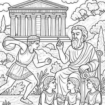 An Ancient Greek Scene With The Parthenon, An Olympic Athlete, And A Philosopher Teaching Students