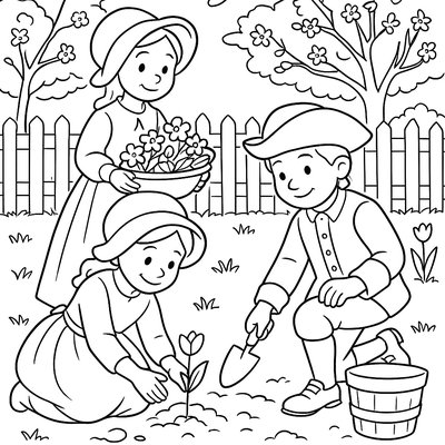 Colonial Children Helping With Spring Planting In Historical Garden