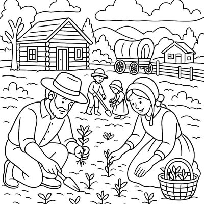 Pioneer Family Planting Crops On Frontier Homestead