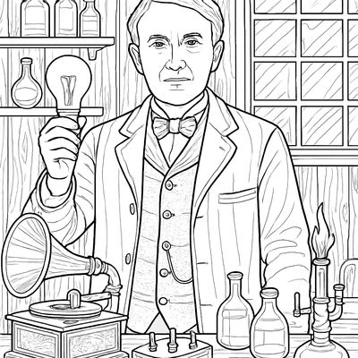 Thomas Edison In His Workshop With A Light Bulb, Phonograph, And Inventions On The Desk