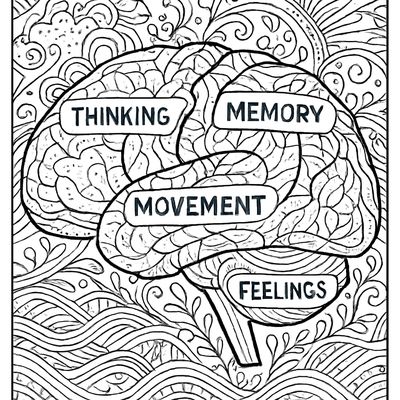 A Brain Diagram Showing Different Areas Labeled: Thinking, Memory, Movement, Feelings, Senses