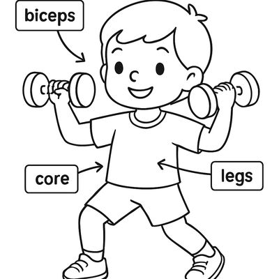 A Child Exercising With Labels Showing Different Muscles Being Used: Biceps, Legs, Core