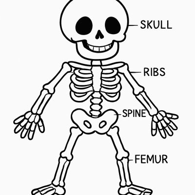 A Friendly Cartoon Skeleton With Major Bones Labeled: Skull, Ribs, Spine, Femur
