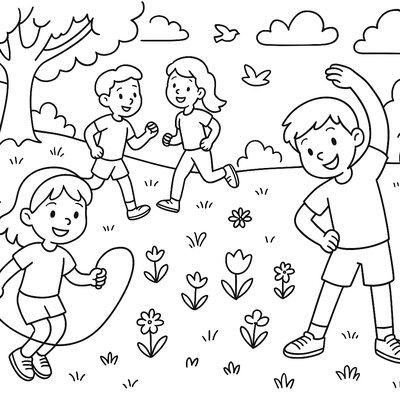 Children Exercising Outdoors In Spring Fresh Air