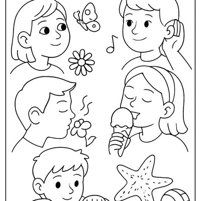 The Five Senses Shown As Five Scenes: Eyes Seeing, Ears Hearing, Nose Smelling, Tongue Tasting, Hands Touching