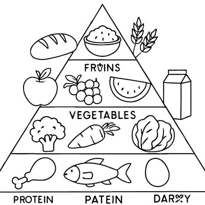 The Food Pyramid With Different Food Groups Illustrated And Labeled: Grains, Fruits, Vegetables, Protein, Dairy