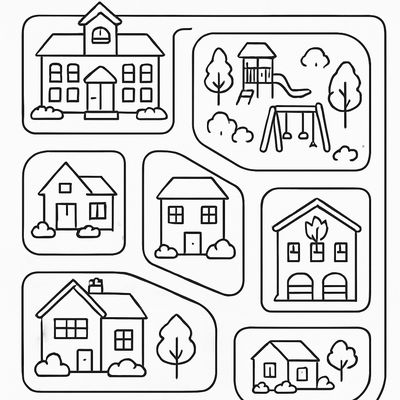 A Child's Neighborhood Map Showing A School, Park, Library, Fire Station, And Houses With Streets