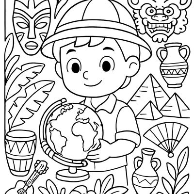 An Explorer Scene With A Child Holding A Globe Surrounded By Items From Different Cultures