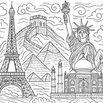 Famous World Landmarks Side By Side: Eiffel Tower, Great Wall, Pyramids, Statue Of Liberty, Taj Mahal