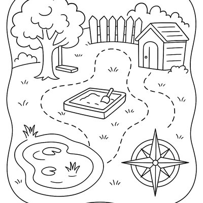Treasure Map Of Backyard With Landmarks And Compass Rose