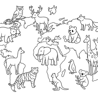 World Map With Animals From Different Continents