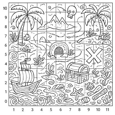 A Treasure Map Grid With Coordinates Showing X And Y Axis For Plotting Points