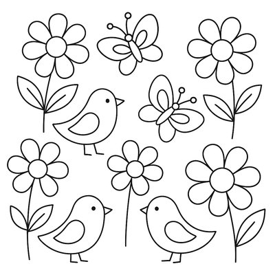 Counting Exercise With Spring Items: 5 Flowers, 3 Butterflies, 2 Birds