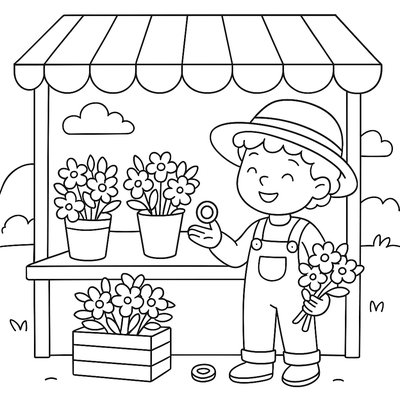 Child Selling Flower Bouquets For Coins At Spring Market Stand