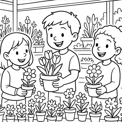 Children Buying Spring Plants At Garden Center