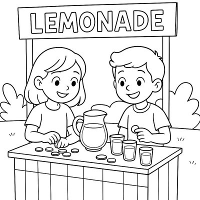 Children Counting Coins At Lemonade Stand