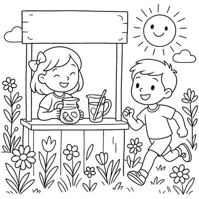 Children Running Lemonade Stand With Spring Flowers