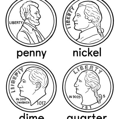 Each US Coin Shown Large With Its Name And Value: Penny 1 Cent, Nickel 5 Cents, Dime 10 Cents, Quarter 25 Cents