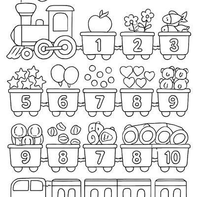 A Number Train With Cars Labeled 1 Through 10 Carrying Matching Objects