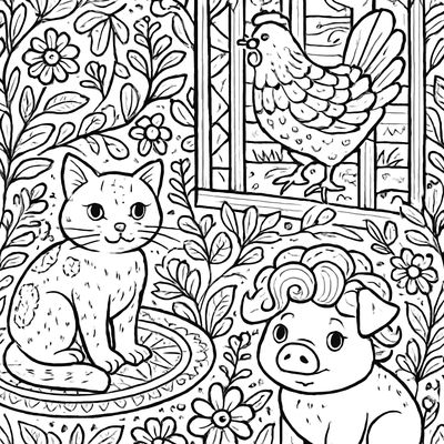 Short Vowel Sounds Scene With A Cat On A Mat, A Hen In A Pen, A Pig In A Wig