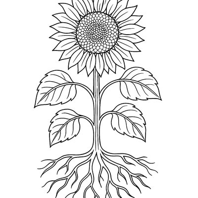 A Detailed Diagram Of A Sunflower Showing Roots, Stem, Leaves And Bloom
