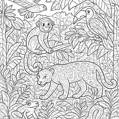 A Rainforest Scene Showing Layers: Forest Floor, Understory, Canopy, And Emergent Layer With Animals In Each