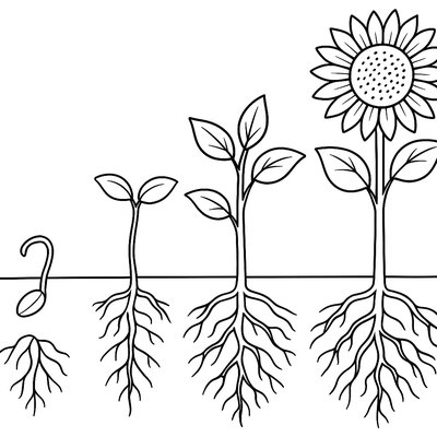 Diagram Of A Seed Growing Into A Sunflower With Roots And Stages