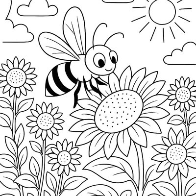 A Bee Collecting Nectar From Sunflowers In A Field