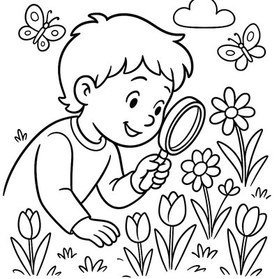 A Child Using A Magnifying Glass To Examine Spring Flowers