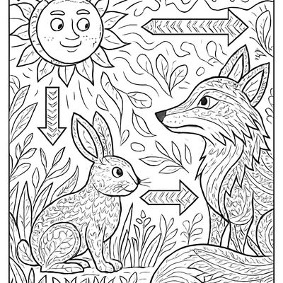 A Food Chain Scene Showing Sun, Grass, Rabbit, And Fox With Arrows