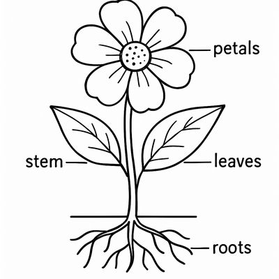 A Labeled Diagram Of A Flower Showing Roots, Stem, Petals, And Leaves