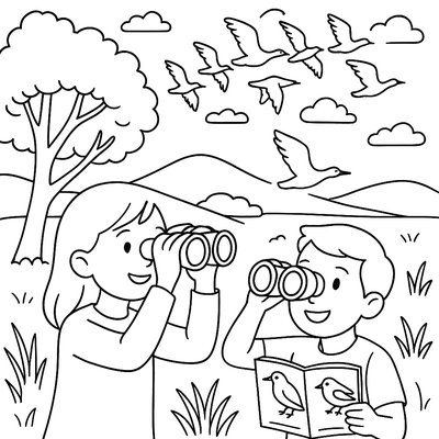 Children Observing Bird Migration With Binoculars And Field Guide