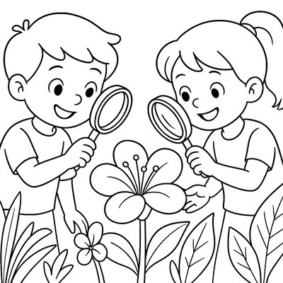 Children Using Magnifying Glasses To Examine Flower Parts
