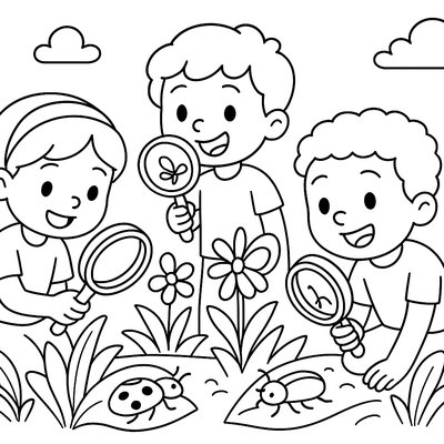 Children Using Magnifying Glasses To Study Insects In Garden Bed