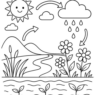 The Water Cycle With Clouds, Rain, And Rivers