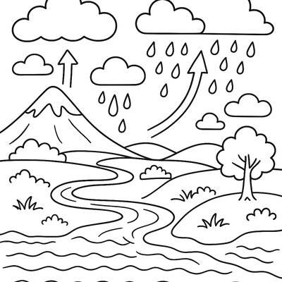 The Water Cycle With Clouds, Rain, River, And Sun With Labels