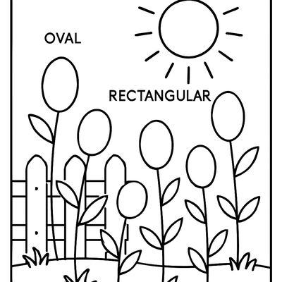 A Garden Scene With Labeled Shapes: Oval Flowers, Rectangular Fence, Circular Sun