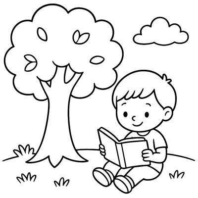 Child Reading Book Under Shade Tree