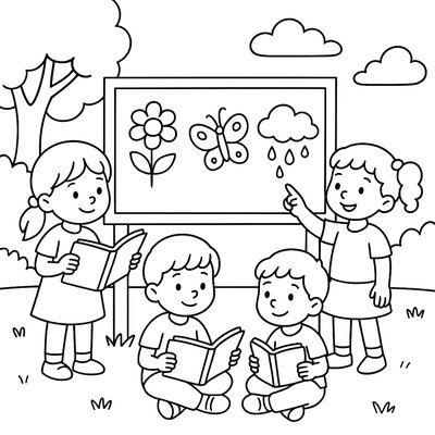 Children Reading Sight Words About Spring On Outdoor Classroom Board