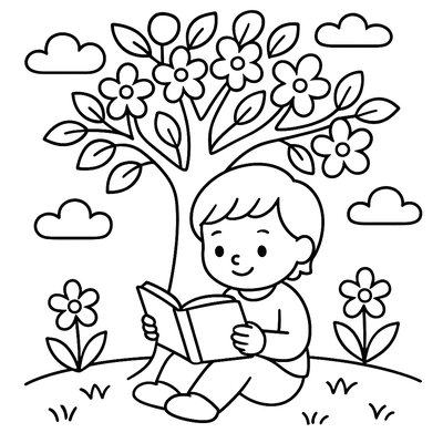 Reading A Book About Spring Under A Flowering Tree