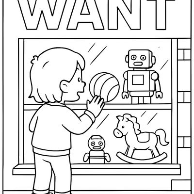 The Sight Word WANT With A Child Looking Into A Toy Store Window