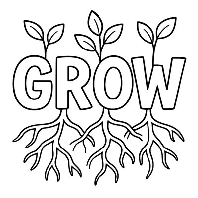 Word 'GROW' Decorated With Sprouting Plants And Roots